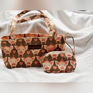 bungalow 360 Pink Piglet Mini Tote Handbag and Matching Coin Wallet Wristlet